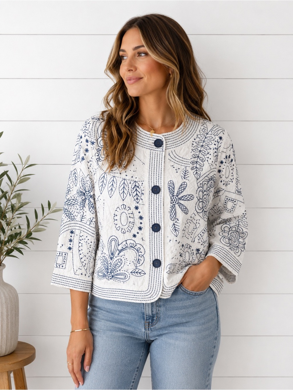 Chico’s Embroidered Cotton Jacket Blazer | Size 2 | Blue & White Boho Floral
